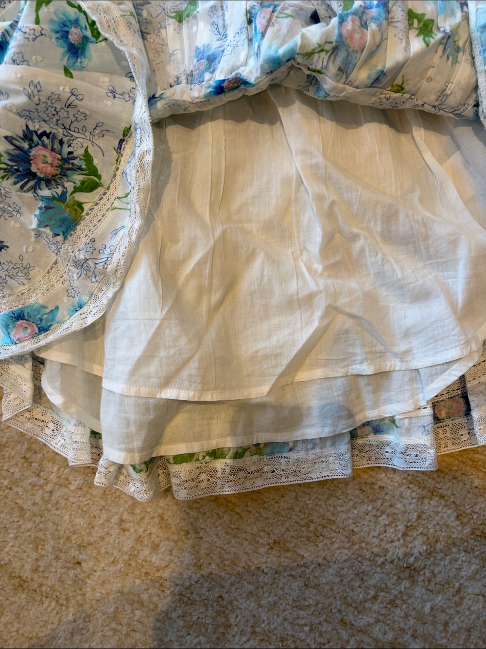 LoveShackFancy White Mini Dress with Blue Floral Print and Green Leaf Accents - Picture 5 of 8